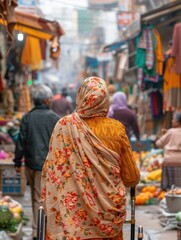 Poster - A woman walks through a busy market, her floral scarf billowing behind her. AI.