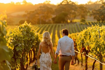 Poster - A couple walks through a vineyard at sunset. AI.