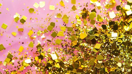 Golden confetti on pink background. Flying sparkles. Festival and birthday party concept