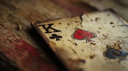 A macro shot of a vintage playing cards corner revealing a vintage stamp symbol and the worn edges of the card adding to its nostalgic charm.