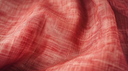 Close-up of natural red fabric texture in light red. Cotton or linen material canvas.