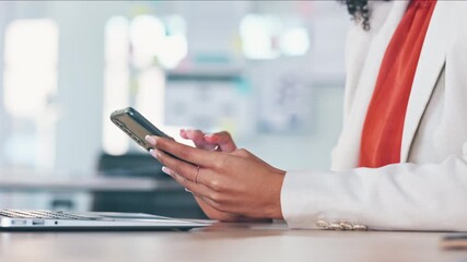 Aufkleber - Closeup of fashionable business woman checking emails or fingers scrolling on app while working on a laptop in a modern office. Hands browsing online holding a phone and sitting at a desk inside.