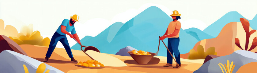 gold panning, traditional mining method, flat design illustration