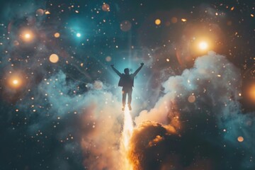 Wall Mural - astronaut standing on top of a rocket in the sky, ready for takeoff