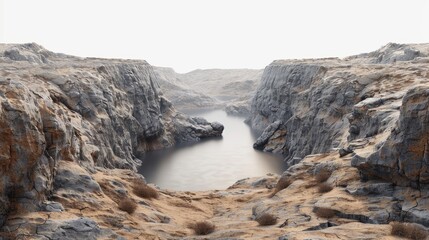 Wall Mural - Rocky canyon landscape with a serene water body in the early morning light