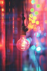 Wall Mural - a close-up shot of a single light bulb hanging from a string, shining bright with a warm glow