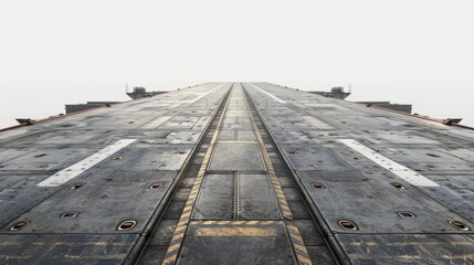 aerial view of a long, empty aircraft carrier deck in a misty atmosphere at dawn