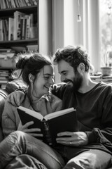 Canvas Print - A pair of people sit on a couch, engrossed in a book together