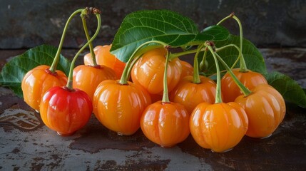 Wall Mural - Freshly harvested yellow and red physalis fruits arranged with green leaves on a rustic table