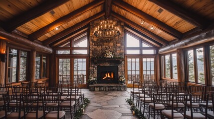 Wall Mural - A beautifully arranged indoor wedding ceremony features chairs set up in front of a stone fireplace, with large windows showcasing a mountain view.