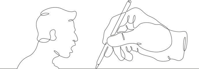 Wall Mural - Hand with pen draws talking head. Man speaks. Pencil in hand. Profile of face.One continuous line. Line art. Minimum one line. White background. One line drawing.