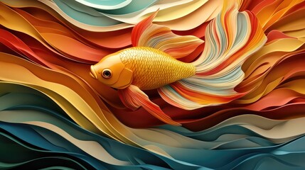 Wall Mural - Vivid 3D golden fish with a flowing, colorful tail swimming through dynamic multicolored waves