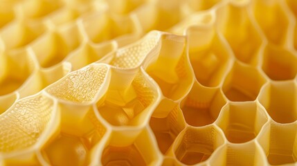 The closeup view of a beeswax wrap with a subtle honeycomb print revealing the smooth and glossy finish of the beeswax.