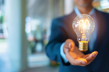 Businessman holding a light bulb, idea, creativity, solution concept