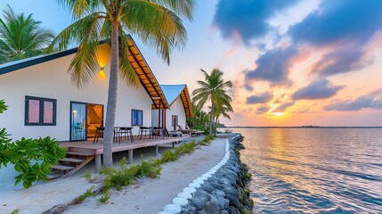 Tropical beach house at sunset with palm trees and beautiful ocean views. Ideal for vacation and relaxation.