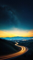 A winding road illuminated by headlights under a stunning dusk sky, showcasing the beauty of nature and light trails.