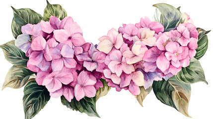 Wall Mural - Pink Hydrangea Flower wreath watercolor Illustration on a transparent background. Hydrangea flowers clipart.
