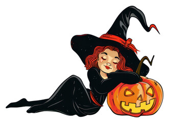 Sticker - PNG  Witch resting beside carved pumpkin