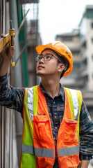 Wall Mural - smart asian engineer manager with safety uniform checking site construction with steel