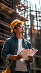 Wall Mural - smart asian engineer manager with safety uniform checking site construction with steel