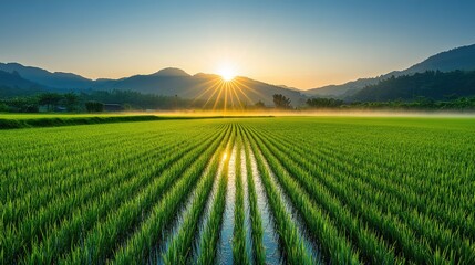 Wall Mural - a field of green grass with a sun shining on it