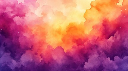 Wall Mural - A colorful painting of a sky with clouds and stars. The sky is filled with a variety of colors, including pink, orange, and yellow. The clouds are scattered throughout the sky, with some larger