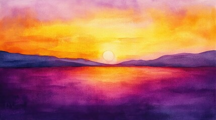 Wall Mural - a painting of a sunset with mountains in the background. the sky is a mix of purple and orange, and 