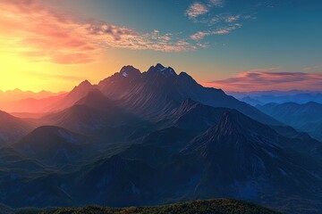 Wall Mural - a mountain range with a beautiful sunset in the background. the mountains are covered in snow and th
