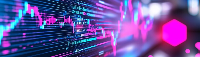 Abstract technology background with code, numbers, and glowing lights.