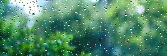 Poster - Raindrops on a window with hazy silhouettes of green trees, capturing a rainy day perspective. High quality image.