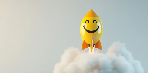 Wall Mural - The launch of the Happy Smile Rocket in social media, 3D renderings, and a model of the rocket