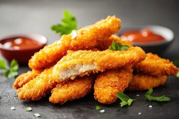 Wall Mural - A plate of chicken tenders with parsley on top. The parsley is in a bowl on the right side of the plate