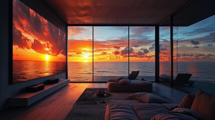 Modern living room with ocean view and sunset lighting