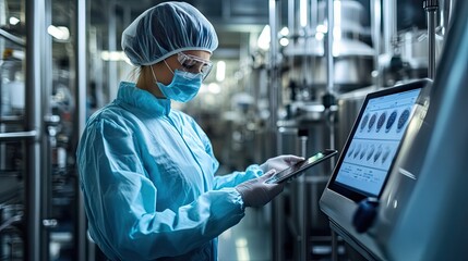 A woman in a blue lab coat is wearing a mask and gloves while looking at a computer screen