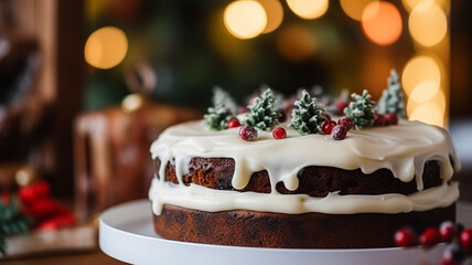 Wall Mural - Christmas cake, holiday recipe and home baking, pudding with creamy icing for cosy winter holidays tea in the English country cottage, homemade food and cooking inspiration