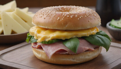 Sticker - ham and cheese bagel sandwich on a wooden board