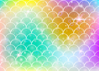 Wall Mural - Rainbow scales background with kawaii mermaid princess pattern. Fish tail banner with magic sparkles and stars. Sea fantasy invitation for girlie party. Rainbow backdrop with rainbow scales.