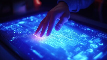 Wall Mural - Hand Interacting with a Glowing Blue Digital Interface