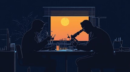 The two scientists are studying samples under microscopes against a vivid sunset backdrop as they work at a laboratory desk.