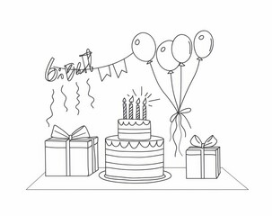 Wall Mural - Birthday cake with present box and balloon silhouette modern illustration. Happy, celebrate, anniversary, celebration, birthday, party concept.