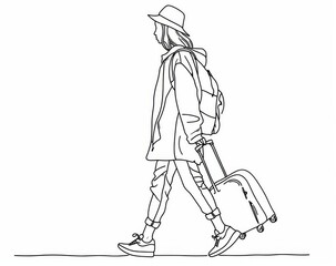 Wall Mural - Women traveler walking with suitecase. Traveller with travel bag outline modern illustration. Editable stroke.