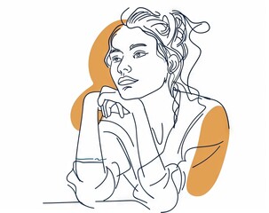 Wall Mural - The woman is thinking in one line, with her finger in the chin. Single outline modern illustration with editable strokes.