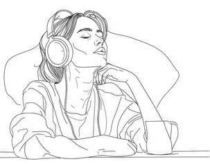 Wall Mural - The illustration shows a woman wearing headphones. She is listening to music over her earphones. She is drawing a continuous one line outline modern illustration. The strokes could be edited.