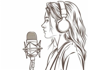 Wall Mural - A woman wearing headphones and a vintage microphone. A single outline modern illustration of the woman wearing headphones and a vintage microphone. Music concept.