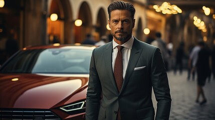 Businessman in suit standing near his car