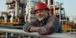© Centric  - A senior industrial worker wearing a hard hat, smiling while standing at an oil refinery, representing industrial work