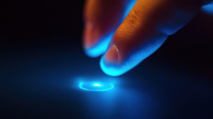 Wall Mural - fingertip touching a blue glowing circle on a dark surface