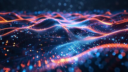 Flowing data streams forming a glowing grid