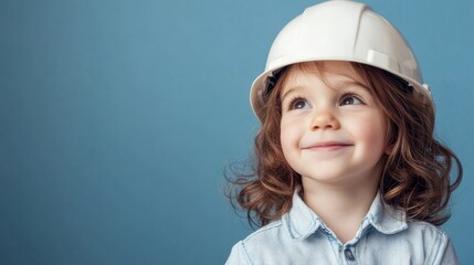 Wall Mural - Child wearing white safety hat on blue background