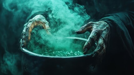 A witch is holding a green cauldron with a green smoke coming out of it.